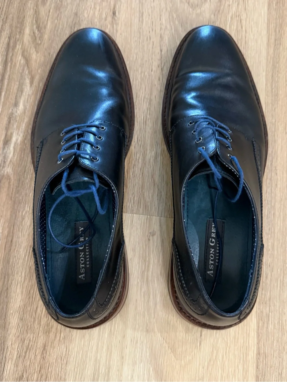 Aston Grey Black Leather Derby Shoes with Blue Accents